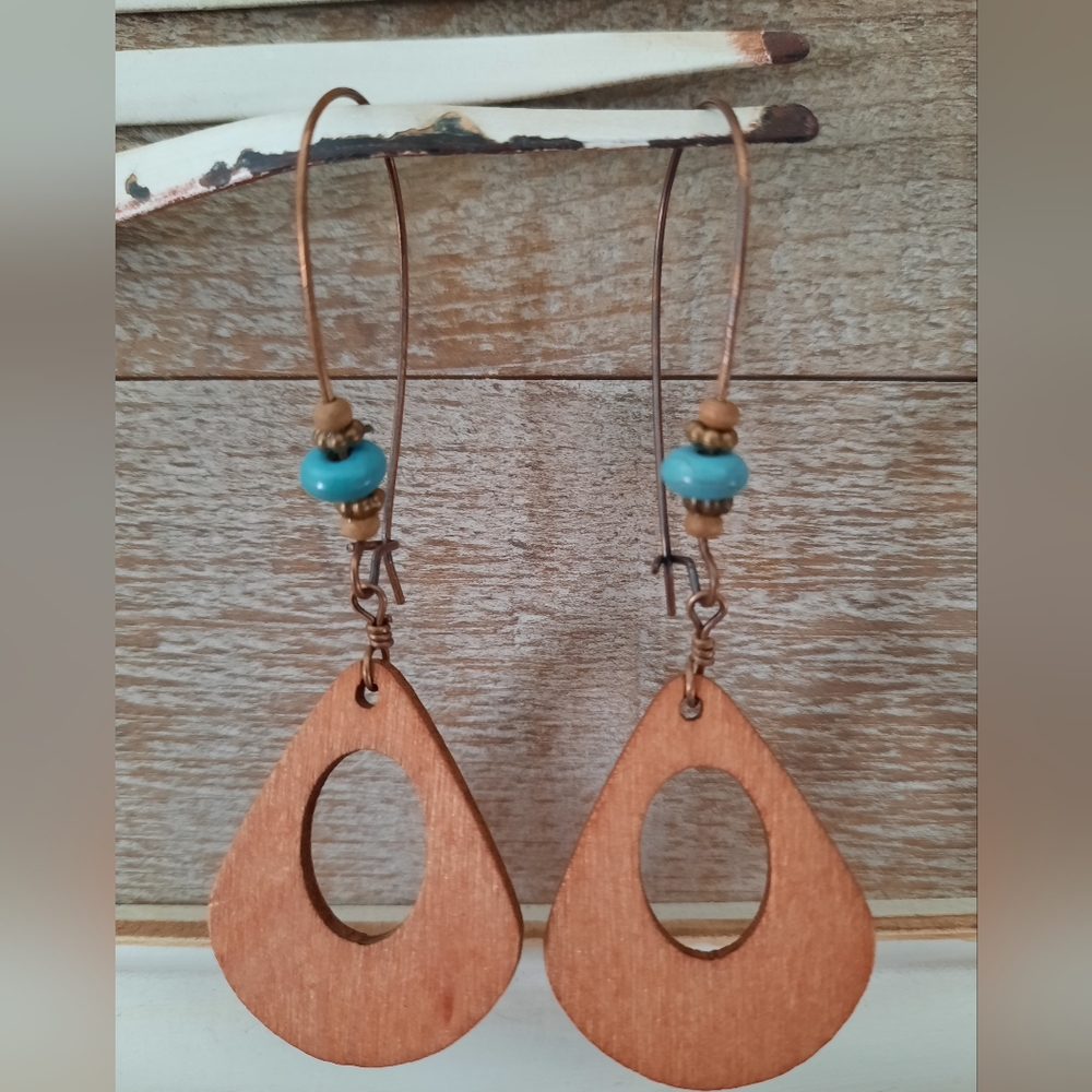 Boho Wood and Turquoise Drop Earrings Vintage Western